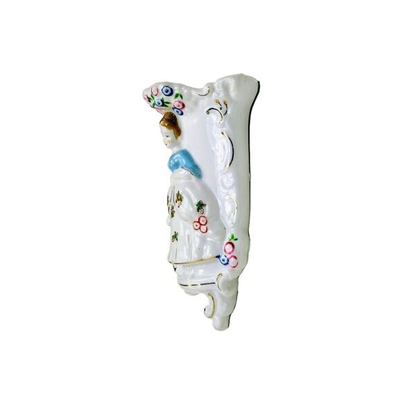 VTG 40s Hand Painted  Porcelain Victorian Lady & Flowers Pocket Wall Vase Japan - Picture 10 of 11